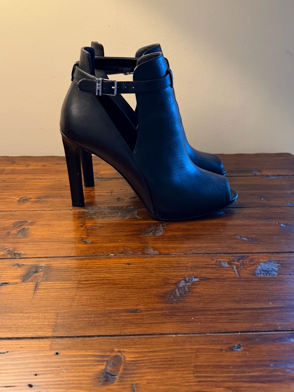Michael Kors Collection Black Leather Peep-Toe Ankle Booties with Buckle
